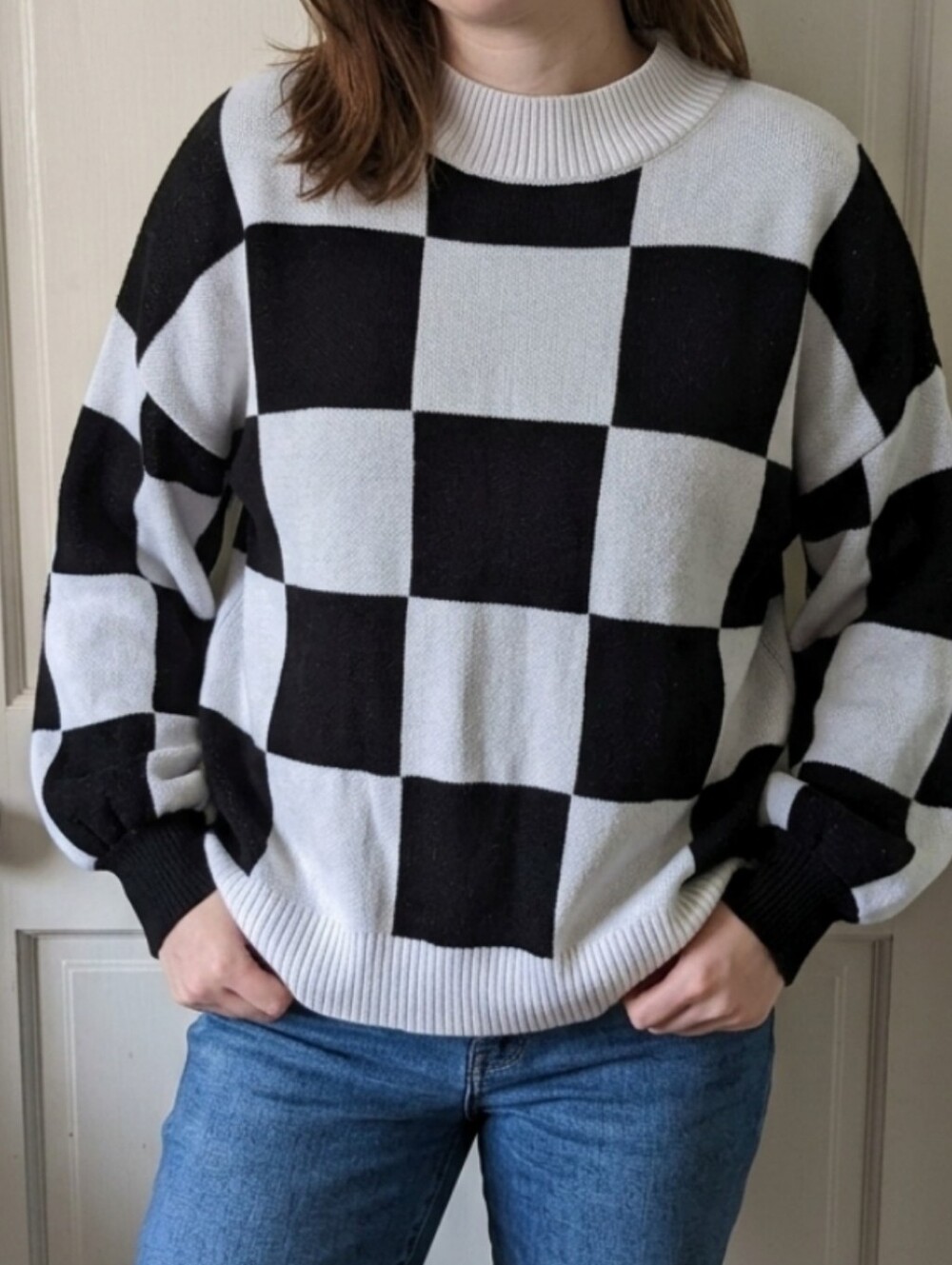 Checkerboard Crewneck Sweater in Black and White